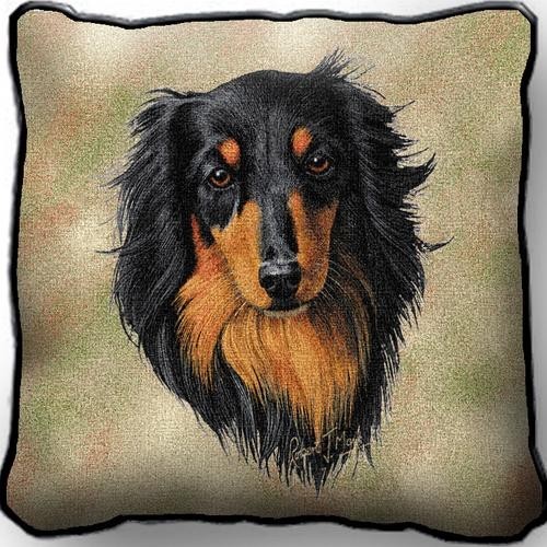 Raining Cats and Dogs | Black Longhaired Dachshund Tapestry Pillow Cover, Made in the USA