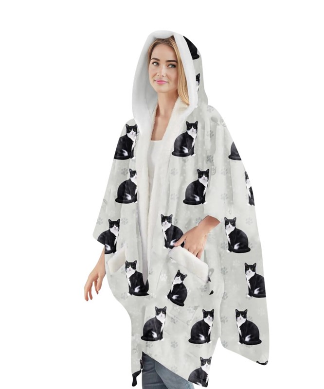 Raining Cats and Dogs | Black and White Cat Snuggs Blanket Hoodie