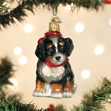 Raining Cats and Dogs | Bernedoodle Puppy Old World Christmas Dog Ornament