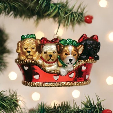 Raining Cats and Dogs | Puppies in a Basket Old World Christmas Ornament