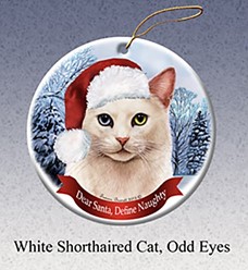 White Odd Eyed Cat Dear Santa Cat Christmas Ornament